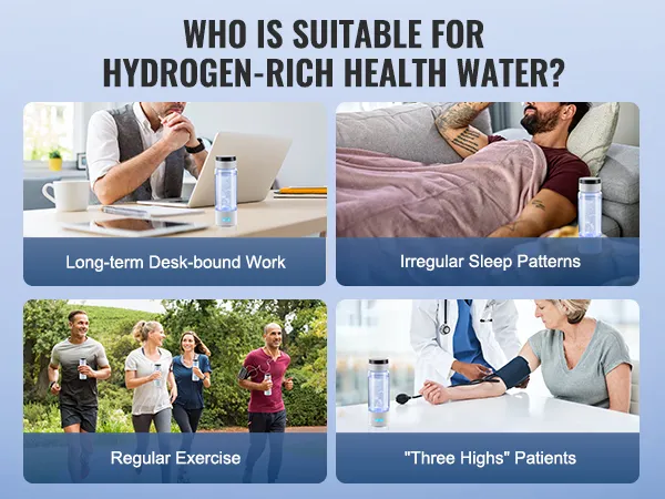 VEVOR hydrogen water bottle benefits for desk-bound work, irregular sleep, exercise, and high-risk patients.