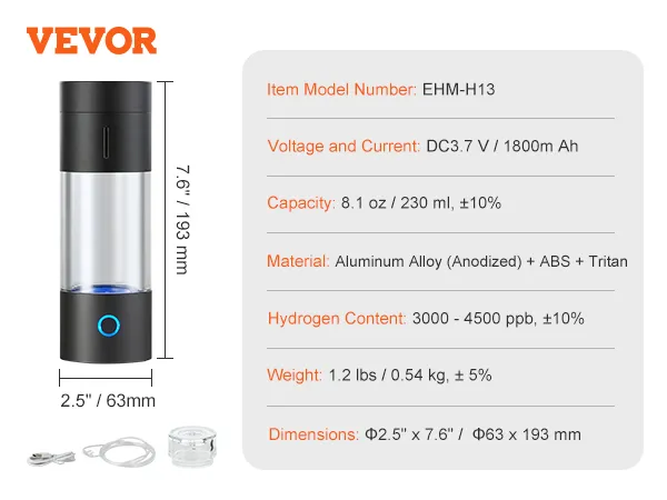 VEVOR hydrogen water bottle with 230ml capacity, anodized aluminum, and usb charging cable.