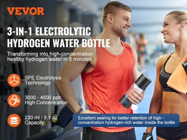 VEVOR hydrogen water bottle being used by two individuals in a gym setting.