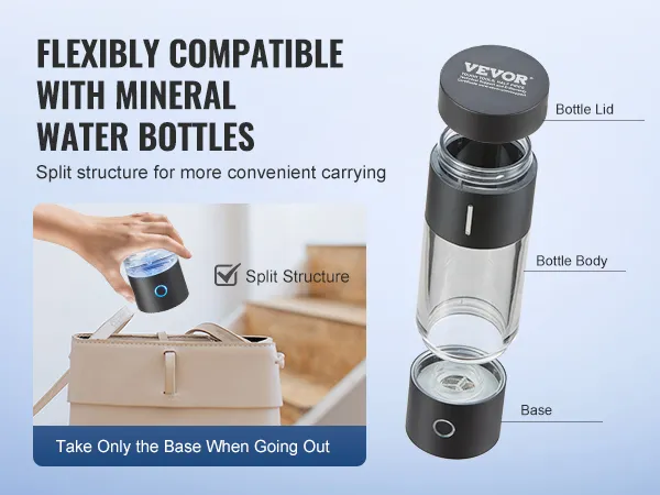 VEVOR hydrogen water bottle with split structure, compatible with mineral water bottles for easy carrying.