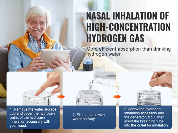 nasal inhalation of high-concentration hydrogen gas using the VEVOR hydrogen water bottle for efficient absorption.