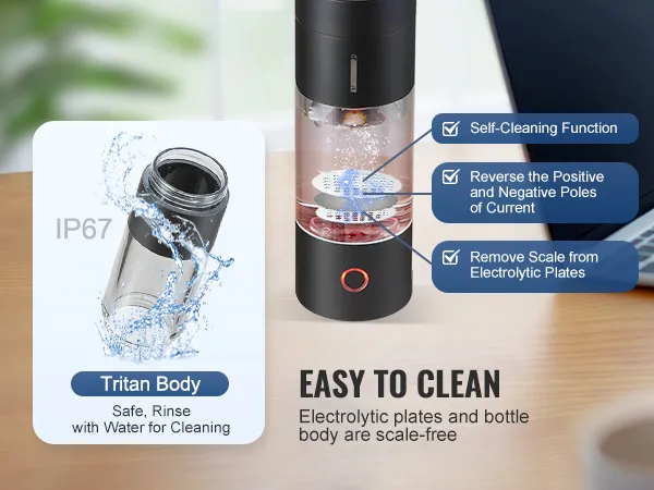 VEVOR hydrogen water bottle with tritan body and self-cleaning function on a wooden desk.