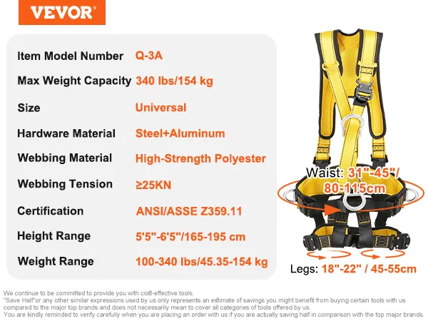 yellow VEVOR safety harness q-3a with specs: 340 lbs capacity, steel+aluminum hardware, polyester webbing.
