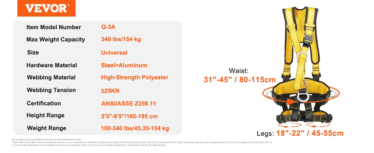 yellow VEVOR safety harness q-3a with specs: 340 lbs capacity, steel+aluminum hardware, polyester webbing.