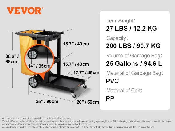 VEVOR cleaning cart, 27 lbs, 200 lbs capacity, 25 gallons bag, 47"x20"x38.6", pp and pvc materials.