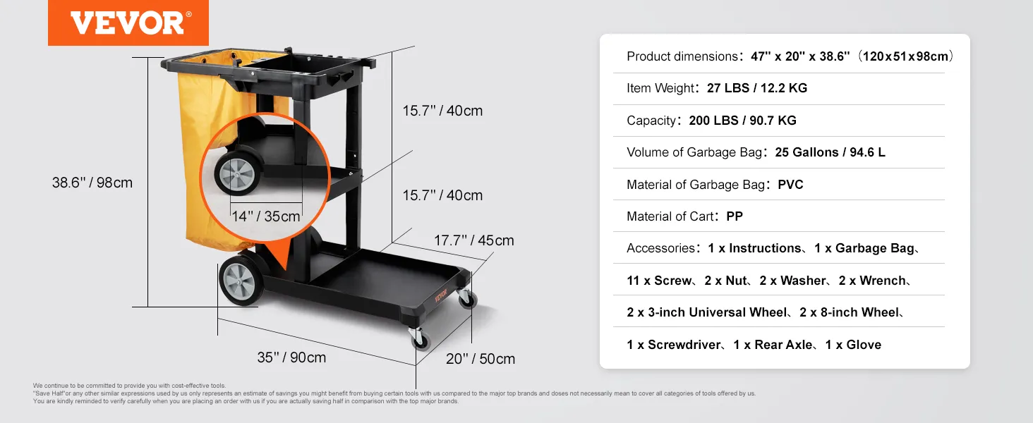 VEVOR cleaning cart, 27 lbs, 200 lbs capacity, 25 gallons bag, 47"x20"x38.6", pp and pvc materials.