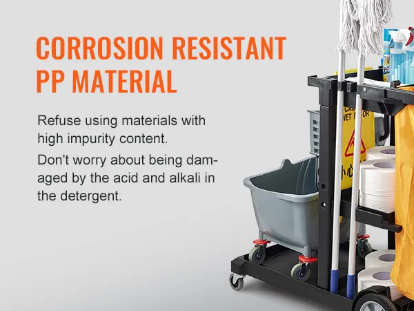 VEVOR cleaning cart featuring corrosion-resistant pp material, mop, cleaning bottles, and storage sections.