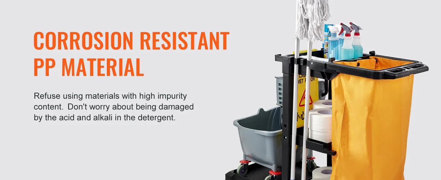 VEVOR cleaning cart featuring corrosion-resistant pp material, mop, cleaning bottles, and storage sections.