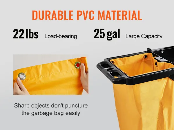 durable pvc material VEVOR cleaning cart with 25-gal capacity, 22-lb load-bearing, and puncture-resistant bag.