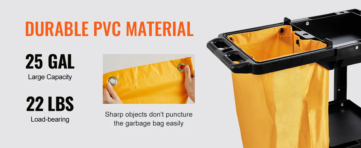 durable pvc material VEVOR cleaning cart with 25-gal capacity, 22-lb load-bearing, and puncture-resistant bag.