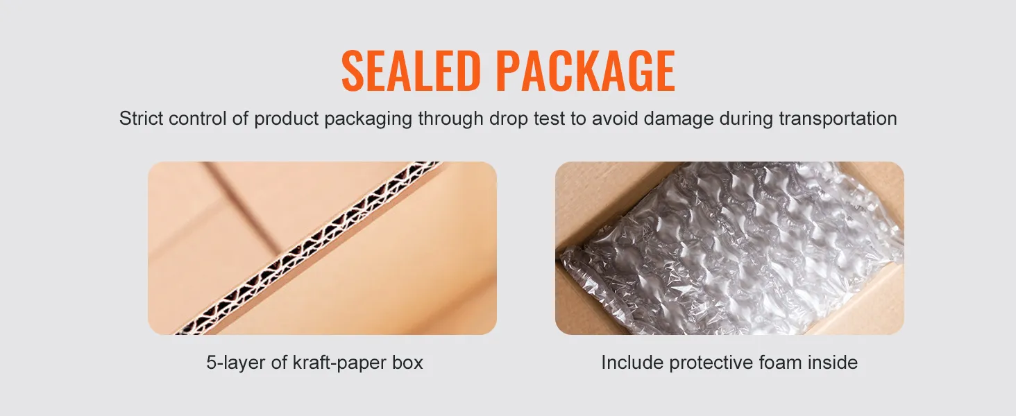 sealed package for VEVOR cleaning cart with 5-layer kraft-paper box and protective foam inside.