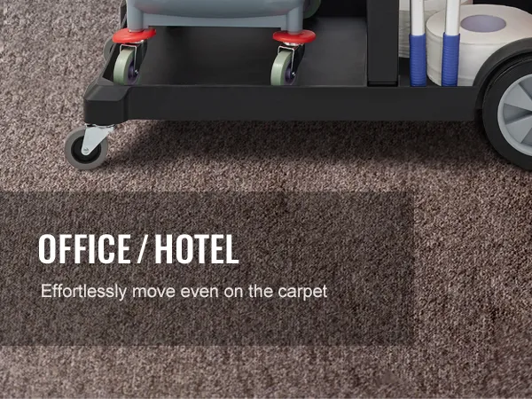 VEVOR cleaning cart rolls smoothly on carpet in office or hotel. durable design with easy-glide wheels.