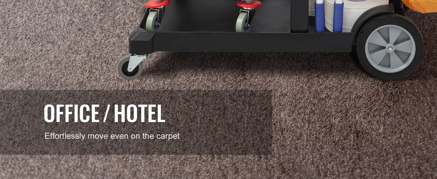 VEVOR cleaning cart rolls smoothly on carpet in office or hotel. durable design with easy-glide wheels.
