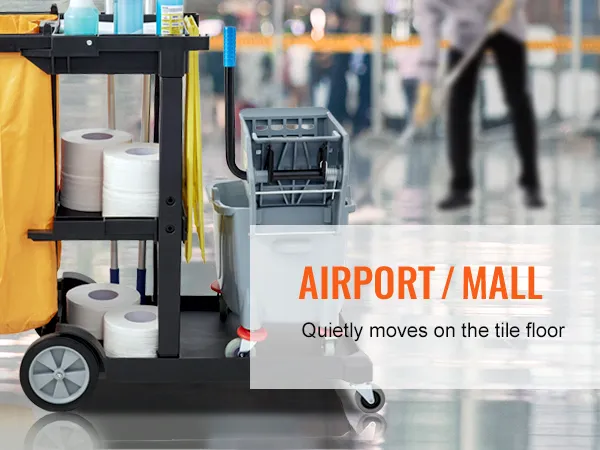 VEVOR cleaning cart in airport/mall, equipped with supplies and mop bucket, moves on shiny tile floor.