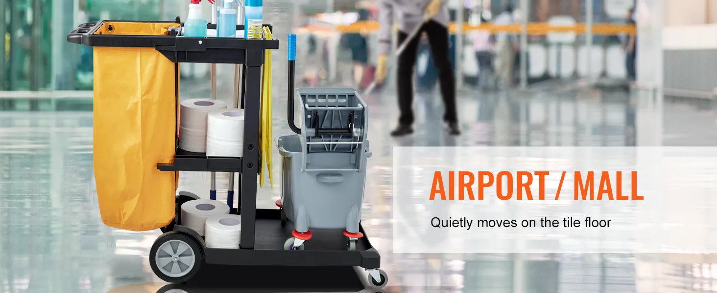 VEVOR cleaning cart in airport/mall, equipped with supplies and mop bucket, moves on shiny tile floor.
