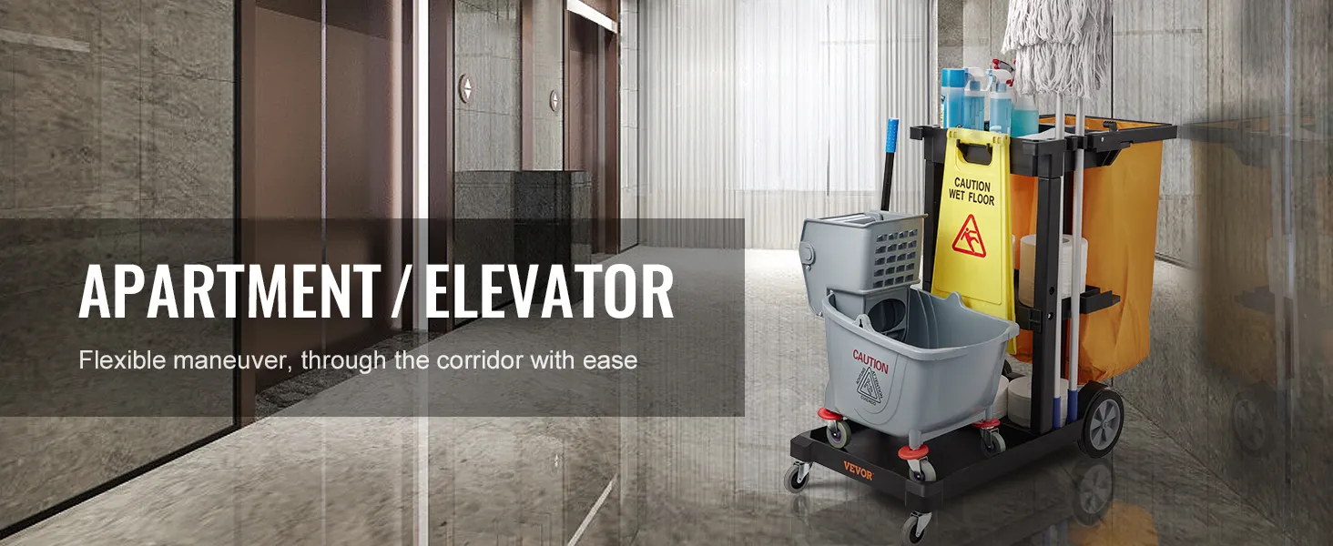 flexible maneuvering VEVOR cleaning cart in apartment corridor near elevators.