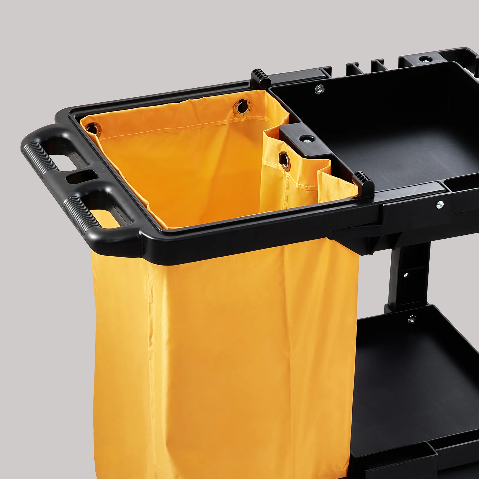 VEVOR cleaning cart with yellow bag and black frame, featuring a handle and compartments.