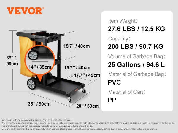 Wózek sprzątający VEVOR z workiem PVC o pojemności 25 galonów, ładownością 200 funtów i zestawem akcesoriów. Wymiary: 47"x20"x39".