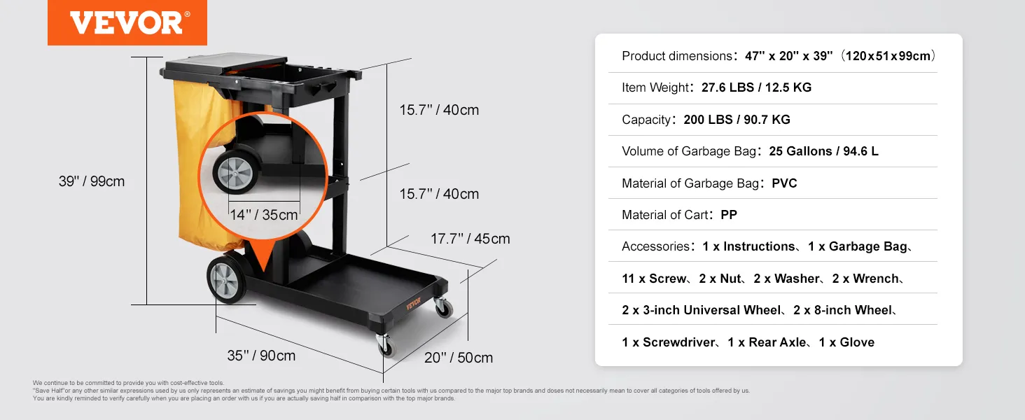 Wózek sprzątający VEVOR z workiem PVC o pojemności 25 galonów, ładownością 200 funtów i zestawem akcesoriów. Wymiary: 47"x20"x39".