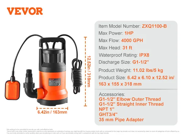VEVOR-utiliteitspomp zxq1100-b met 1 pk vermogen, 4000 gph-stroomsnelheid, IPX8-waterdicht en een maximale opvoerhoogte van 31 ft.