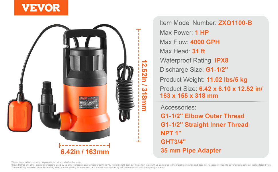 VEVOR Utility Pump, 1 HP, 4000 GPH High Flow, 31 ft Head, Sump
