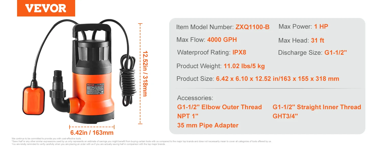 VEVOR-utiliteitspomp zxq1100-b met 1 pk vermogen, 4000 gph-stroomsnelheid, IPX8-waterdicht en een maximale opvoerhoogte van 31 ft.