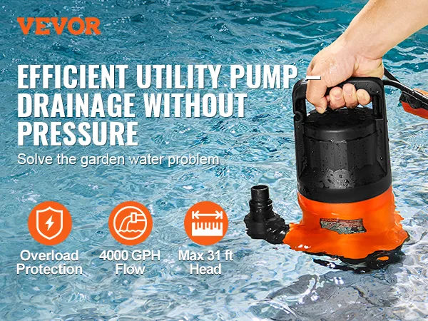 VEVOR-hulpwaterpomp in zwembad met overbelastingsbeveiliging, een debiet van 4000 gph en een maximale opvoerhoogte van 31 ft.