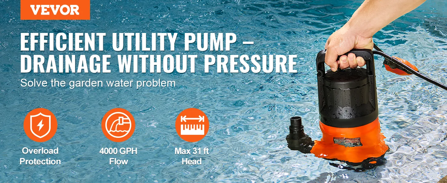 VEVOR-hulpwaterpomp in zwembad met overbelastingsbeveiliging, een debiet van 4000 gph en een maximale opvoerhoogte van 31 ft.