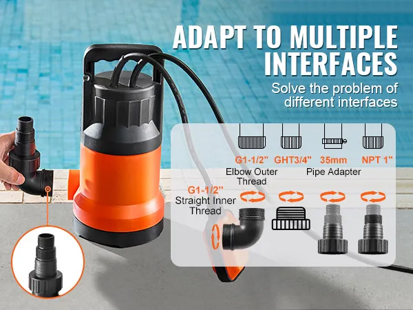 VEVOR-utiliteitspomp met meerdere pijpadapters voor verschillende aansluitingen bij een zwembad.