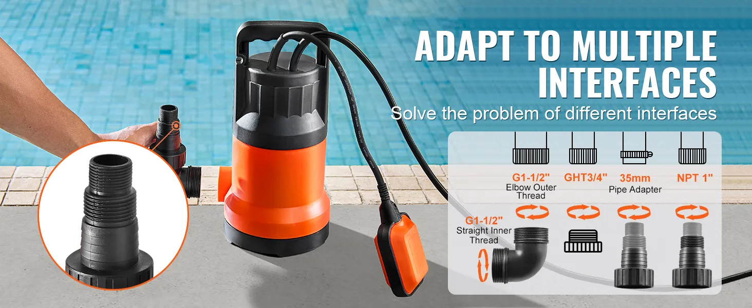 VEVOR-utiliteitspomp met meerdere pijpadapters voor verschillende aansluitingen bij een zwembad.