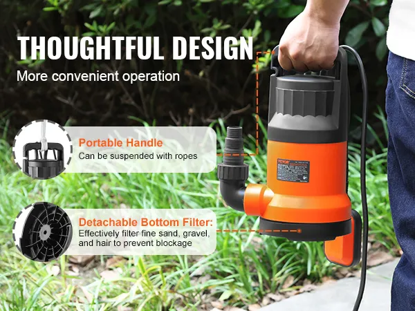 VEVOR-utiliteitspomp met draagbaar handvat en afneembaar bodemfilter voor effectieve filtratie van zand en grind.