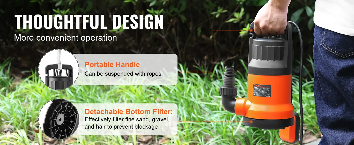 VEVOR-utiliteitspomp met draagbaar handvat en afneembaar bodemfilter voor effectieve filtratie van zand en grind.