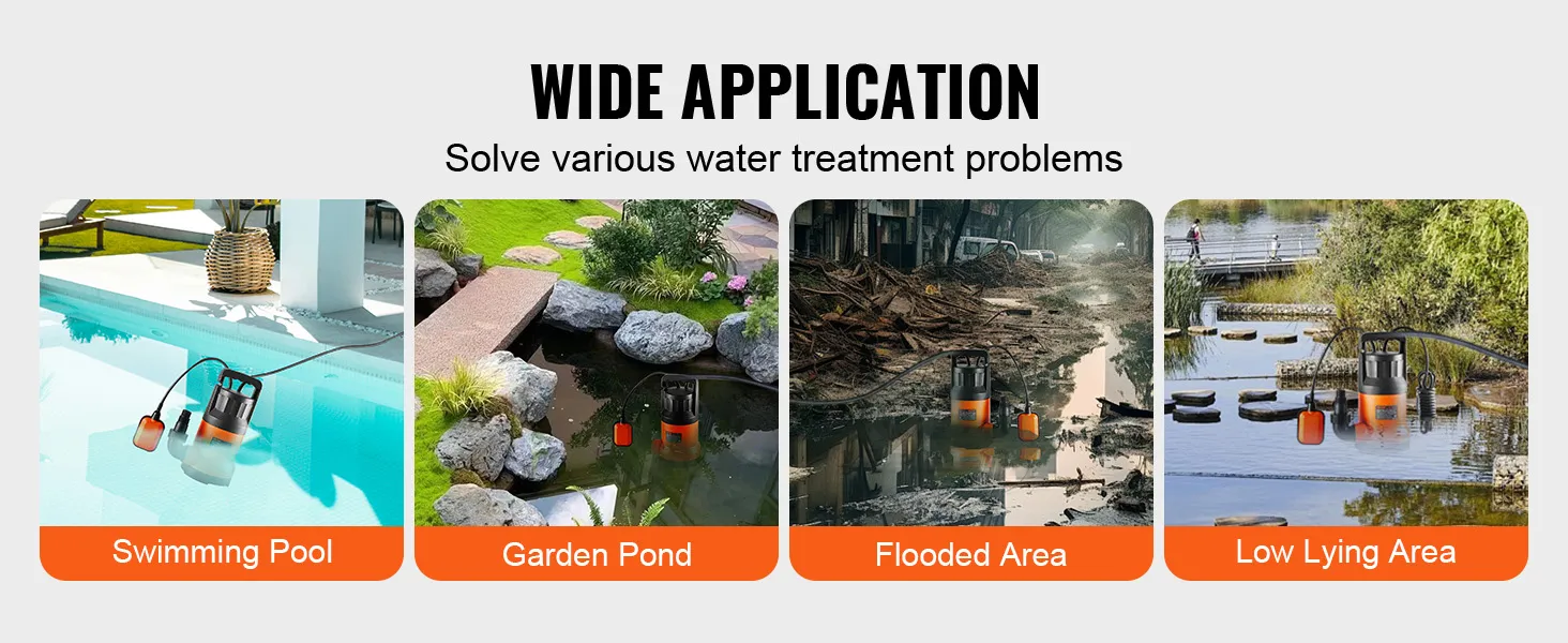 VEVOR-utiliteitspomp voor gebruik in zwembaden, vijvers, overstromingsgebieden en laaggelegen gebieden. Brede toepassing.