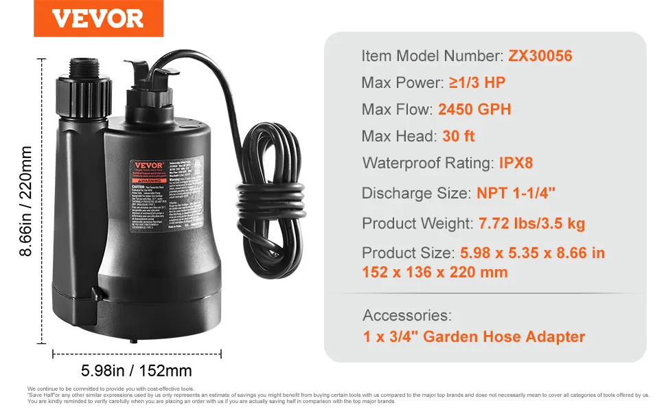 VEVOR utility pump zx30056, 2450 gph, 1/3 hp, ipx8, 8.66in height, 7.72 lbs, with garden hose adapter.
