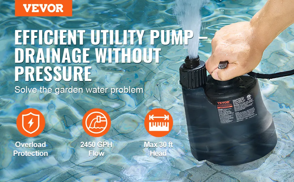 VEVOR utility pump in action, showcasing water drainage, overload protection, 2450 gph flow, and 30 ft head.