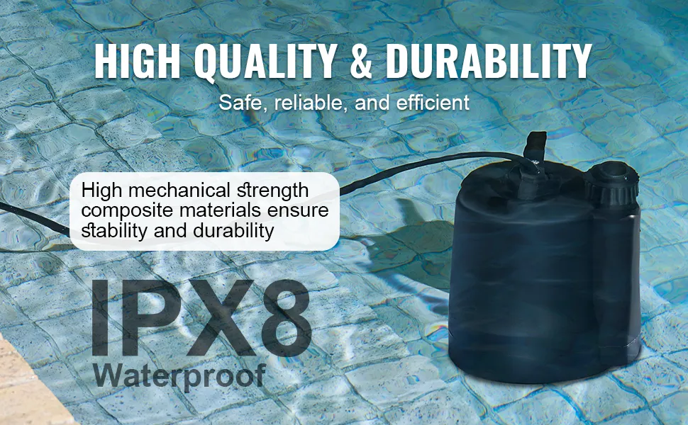 VEVOR utility pump in a pool, showcasing ipx8 waterproof rating, composite materials, high quality, and durability.