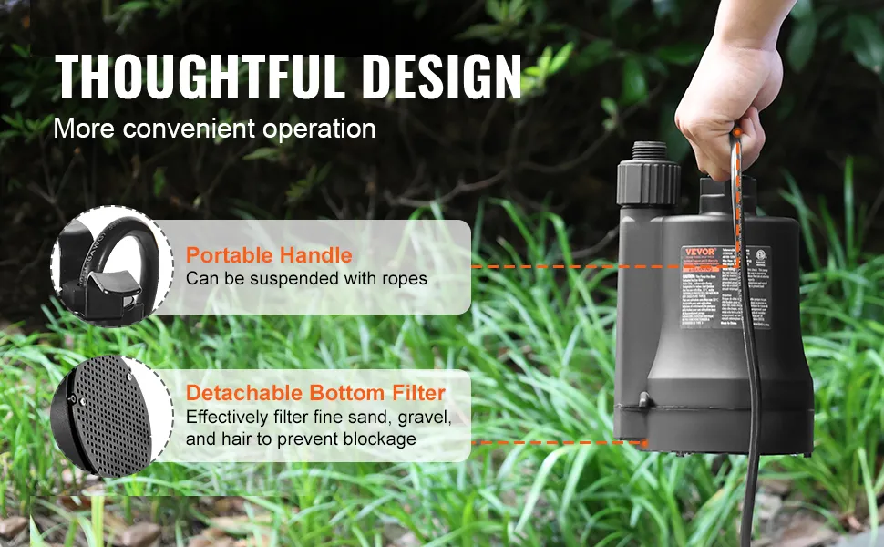 VEVOR utility pump with portable handle and detachable bottom filter for effective debris removal.