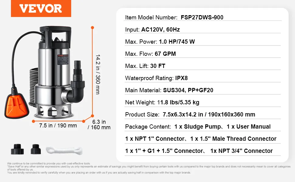 Bomba de sumidero VEVOR fsp27dws-900 con interruptor de flotador, dimensiones, especificaciones y accesorios incluidos.