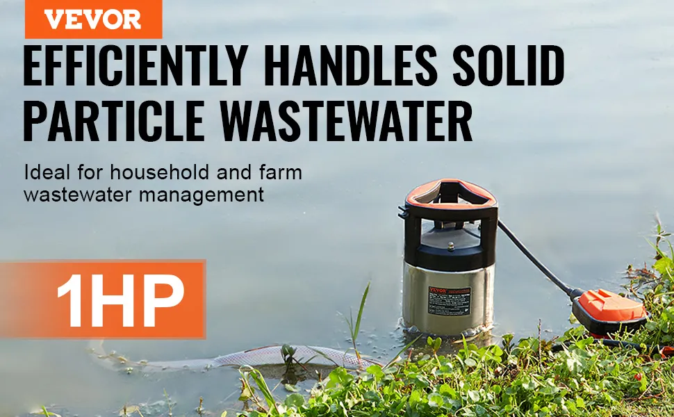 VEVOR sump pump managing wastewater in a pond; featured text: "efficiently handles solid particle wastewater"