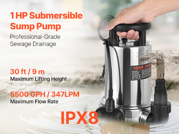VEVOR 1 HP Submersible Sump Pump, 5500 GPH, Stainless Steel