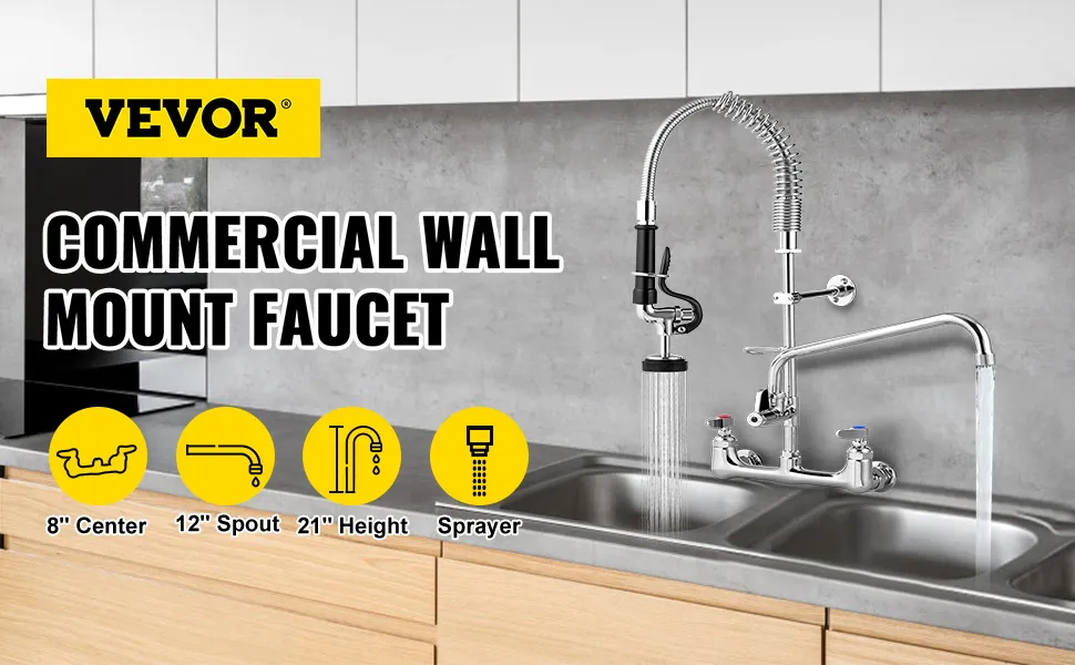 VEVOR commercial faucet with 8" center, 12" spout, 21" height, and sprayer, mounted on a kitchen wall.