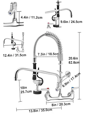 VEVOR commercial faucet with multiple stainless steel components and dimensions labeled in cm and inches.