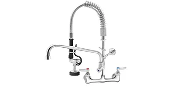 stainless steel VEVOR commercial faucet with sprayer and two handles for hot and cold water control.