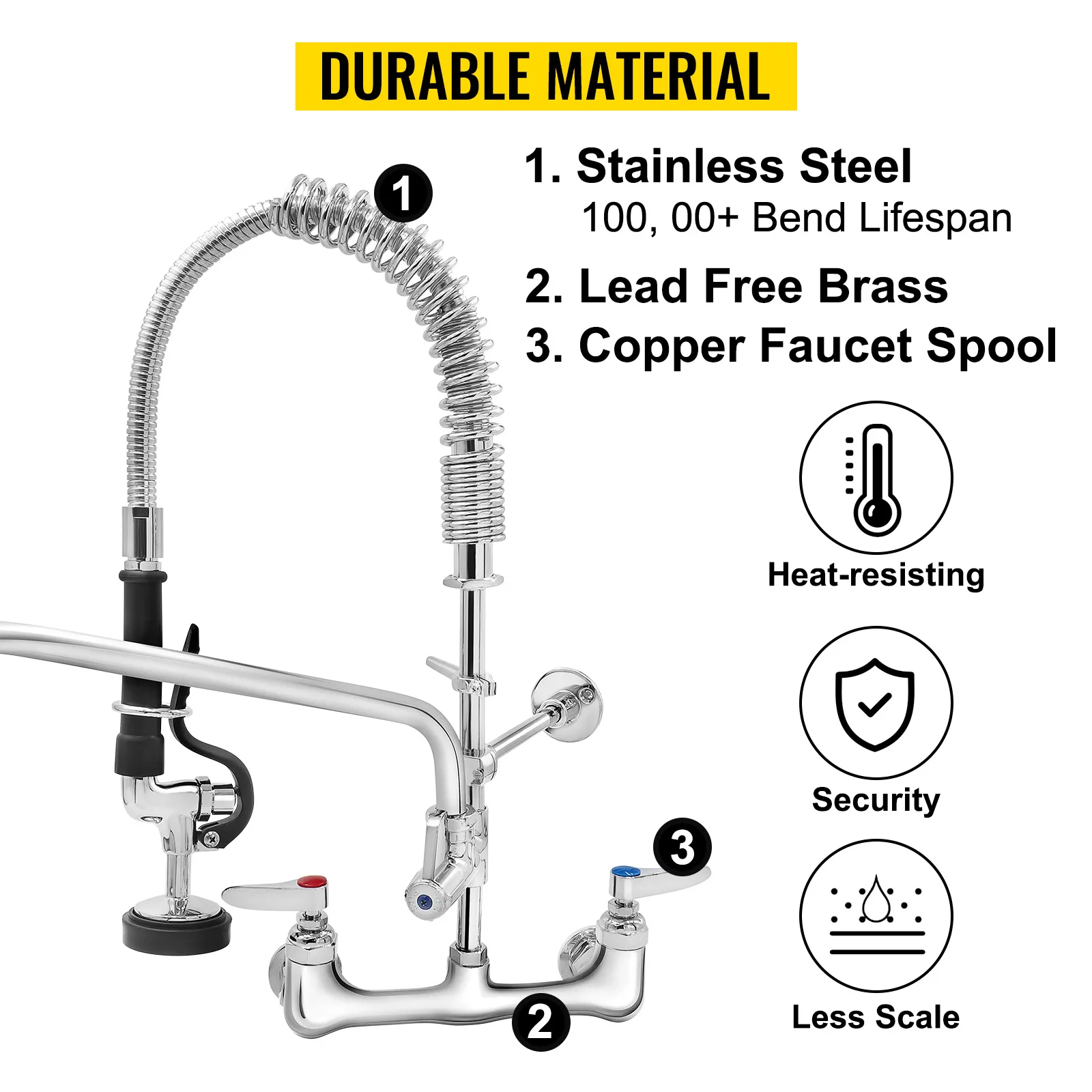VEVOR commercial faucet made from stainless steel, lead-free brass, and copper, featuring a coiled spring.