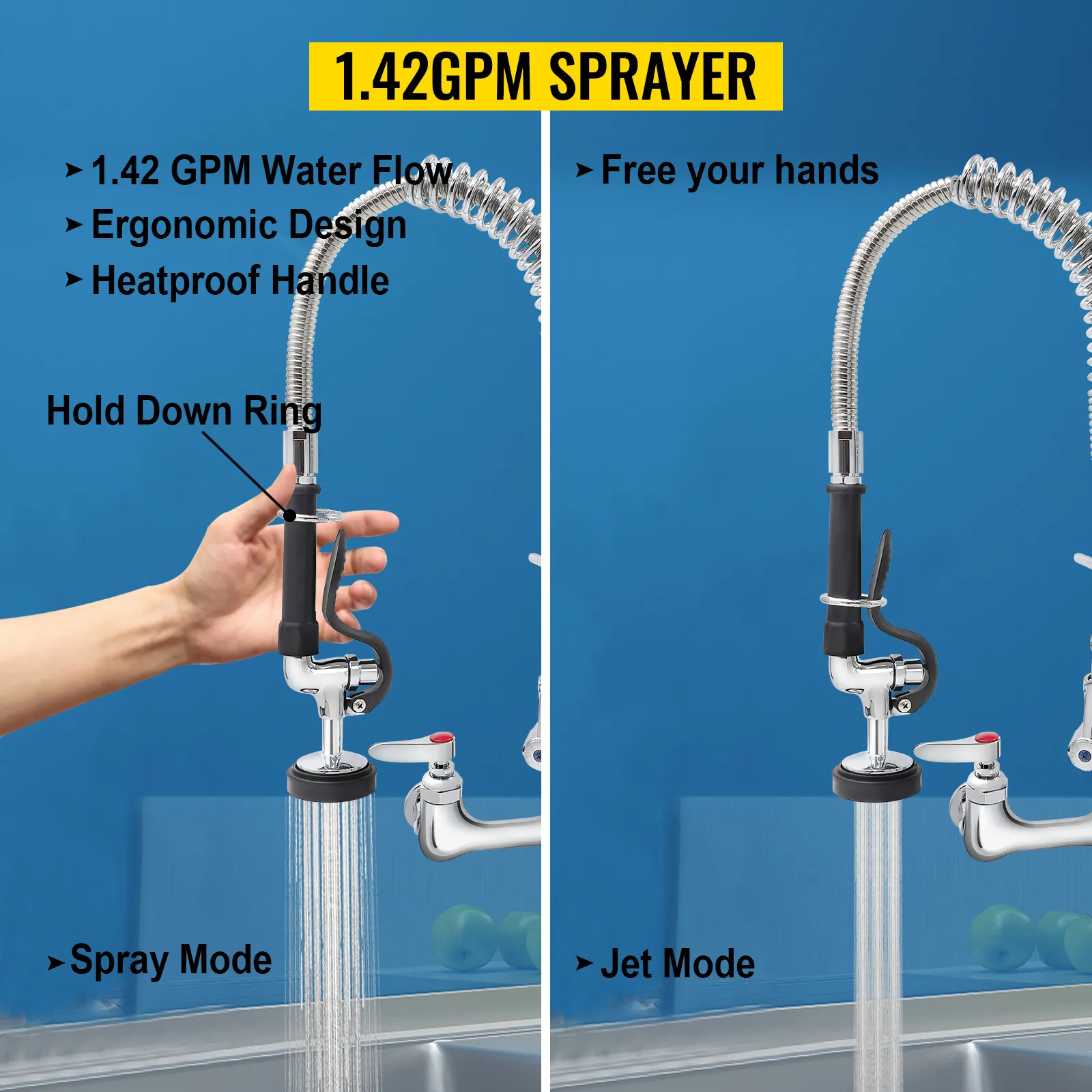 VEVOR commercial faucet with 1.42 gpm sprayer, ergonomic design, and heatproof handle in spray and jet modes.