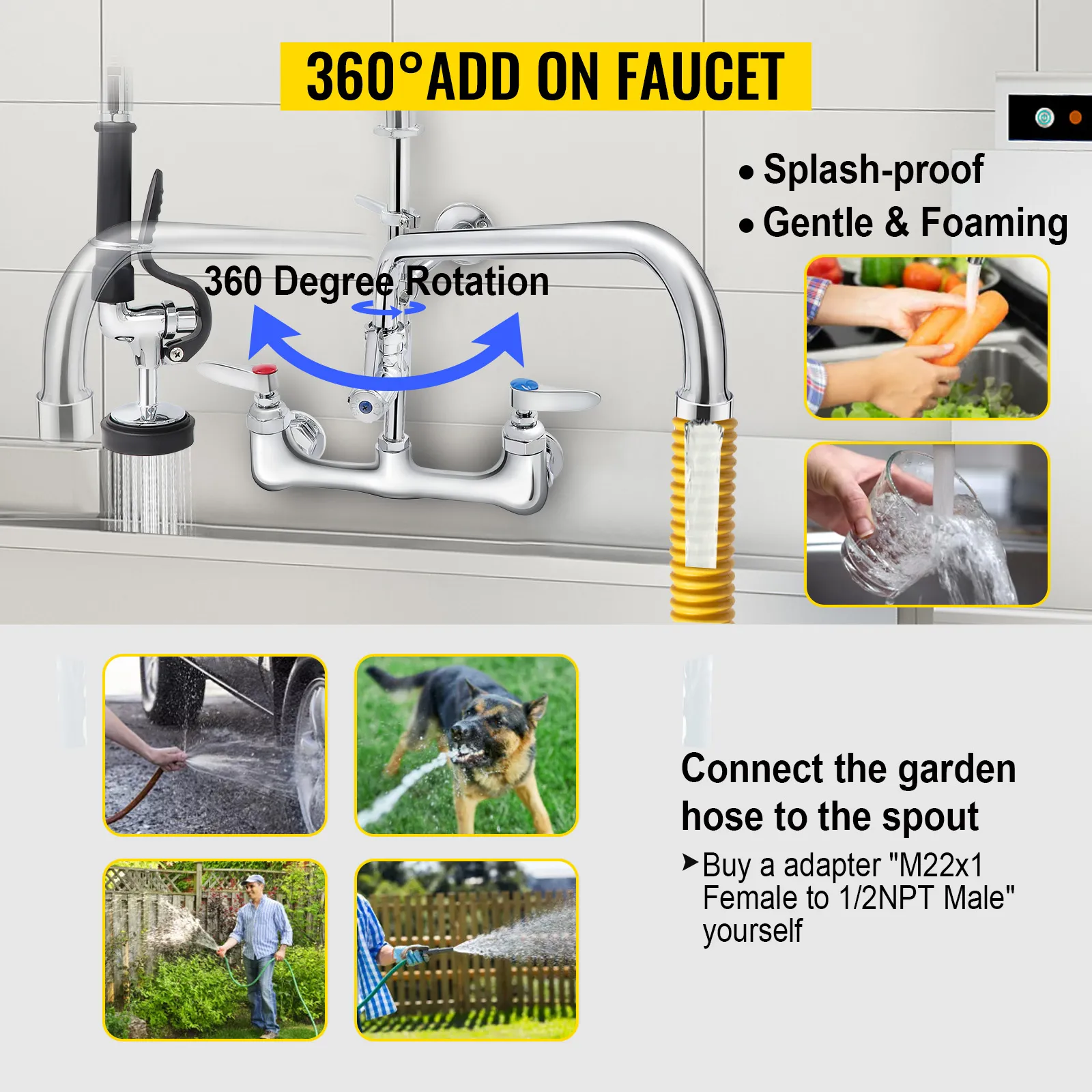 VEVOR commercial faucet with 360-degree rotation, splash-proof, gentle foaming, garden hose adapter.