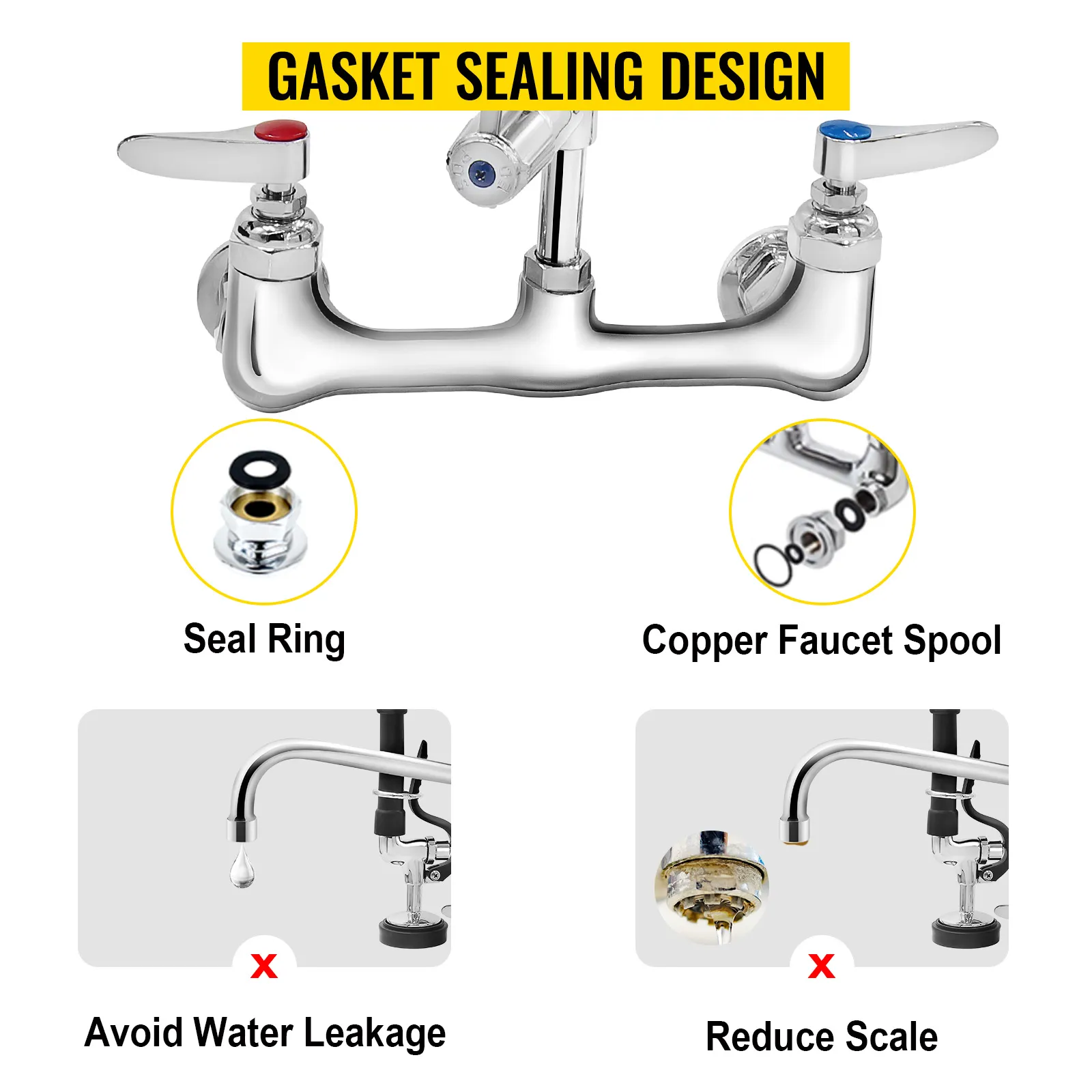 VEVOR commercial faucet showcasing gasket sealing design, seal ring, copper faucet spool, and leak prevention.