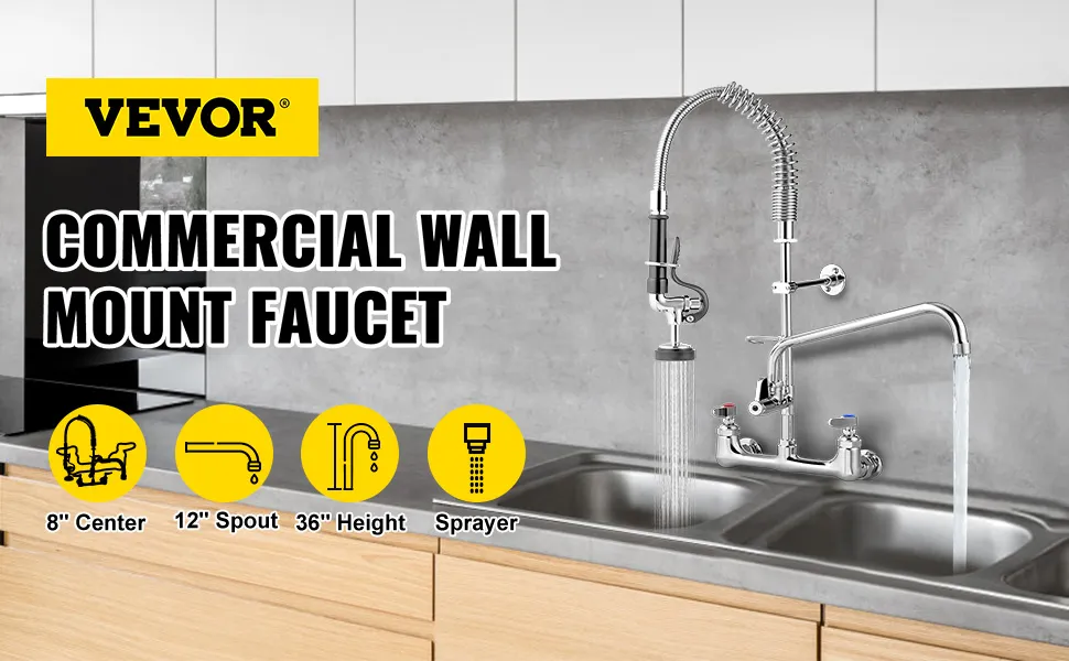 VEVOR commercial faucet with 8" center, 12" spout, 36" height, and sprayer in a modern kitchen.