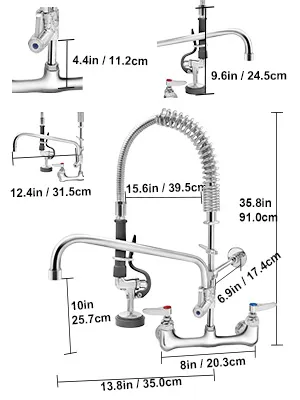 VEVOR commercial faucet featuring dimensions and various detailed views, high arc, and dual-function sprayer.