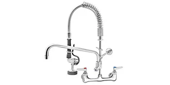stainless steel VEVOR commercial faucet with flexible spring hose and dual lever handles for kitchen.